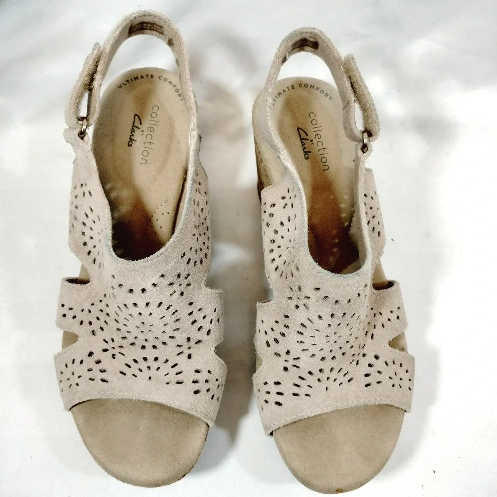 Clarks Giselle Bay Beige Wedge Sandals; Suede Laser Cut Cork Platform